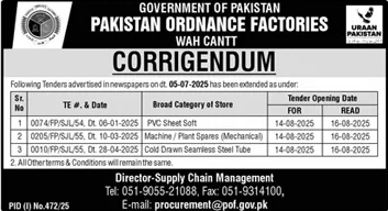 Pakistan Ordnance Factories Wah Cantt Tender Notice